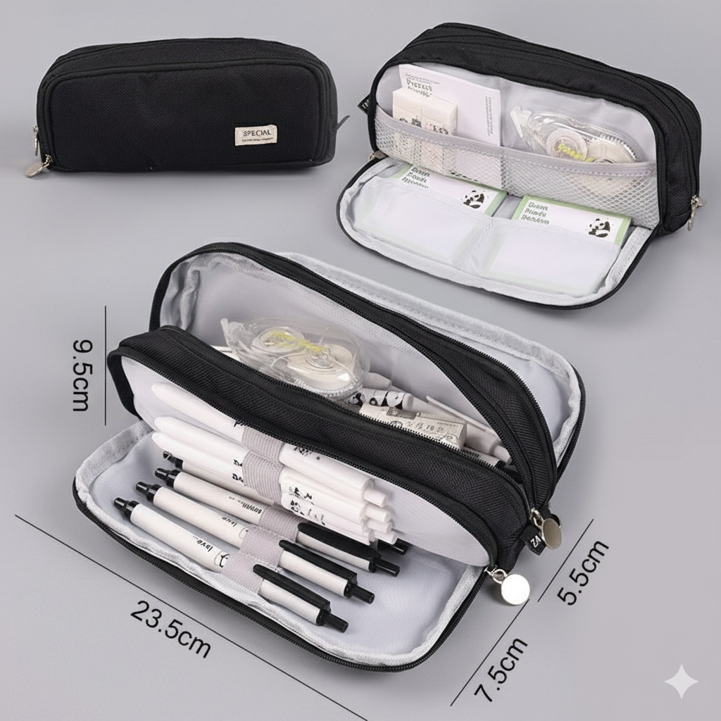 Estuche Escolar de Lona con Forro Interior y 3 Compartimientos, Gran Capacidad 23.5 cm, Organizador de Lápices y Material Escolar – Disponible en Rosa, Azul y Negro