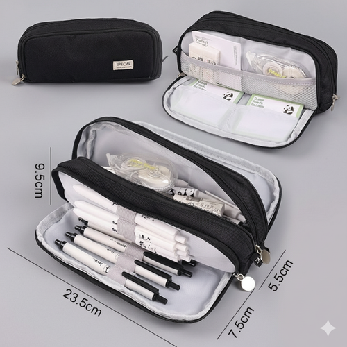 Estuche Escolar de Lona con Forro Interior y 3 Compartimientos, Gran Capacidad 23.5 cm, Organizador de Lápices y Material Escolar – Disponible en Rosa, Azul y Negro