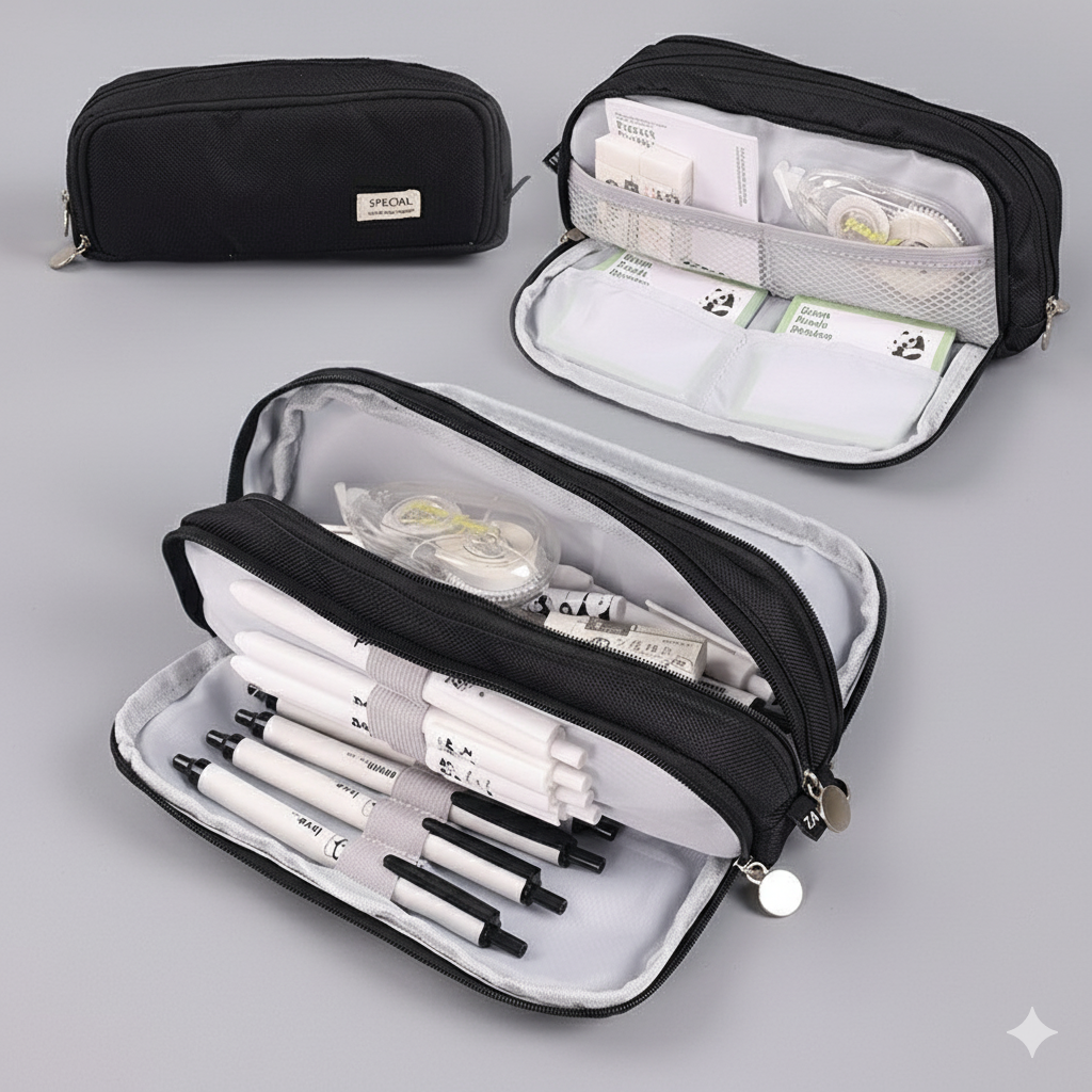 Estuche Escolar de Lona con Forro Interior y 3 Compartimientos, Gran Capacidad 23.5 cm, Organizador de Lápices y Material Escolar – Disponible en Rosa, Azul y Negro