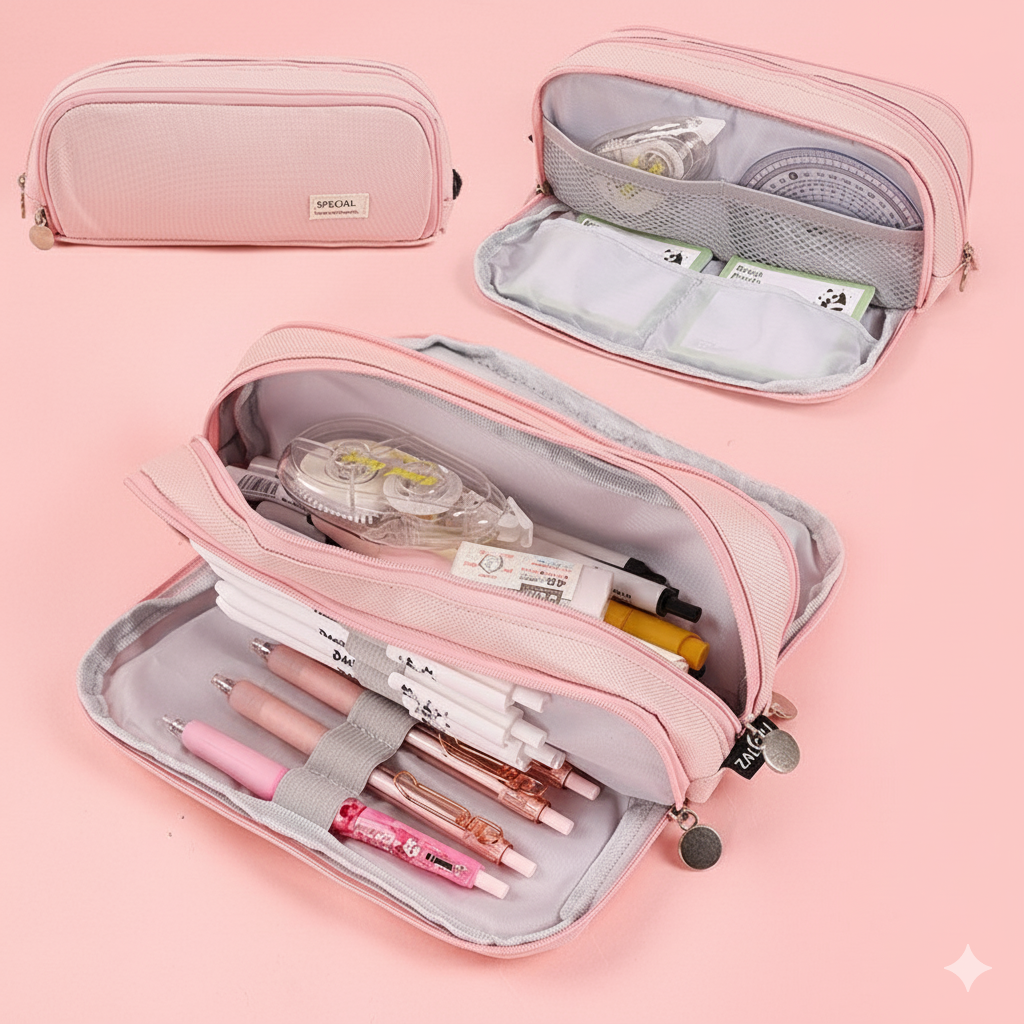 Estuche Escolar de Lona con Forro Interior y 3 Compartimientos, Gran Capacidad 23.5 cm, Organizador de Lápices y Material Escolar – Disponible en Rosa, Azul y Negro