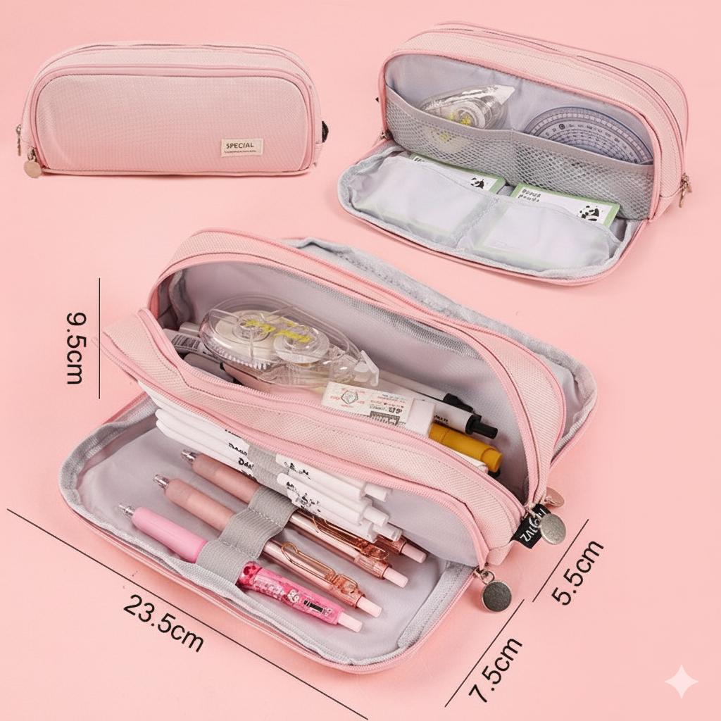 Estuche Escolar de Lona con Forro Interior y 3 Compartimientos, Gran Capacidad 23.5 cm, Organizador de Lápices y Material Escolar – Disponible en Rosa, Azul y Negro