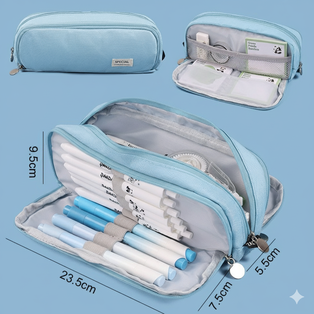 Estuche Escolar de Lona con Forro Interior y 3 Compartimientos, Gran Capacidad 23.5 cm, Organizador de Lápices y Material Escolar – Disponible en Rosa, Azul y Negro