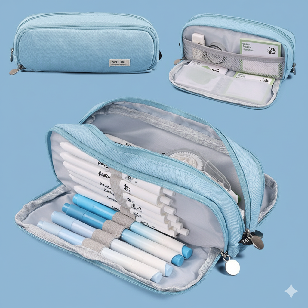 Estuche Escolar de Lona con Forro Interior y 3 Compartimientos, Gran Capacidad 23.5 cm, Organizador de Lápices y Material Escolar – Disponible en Rosa, Azul y Negro