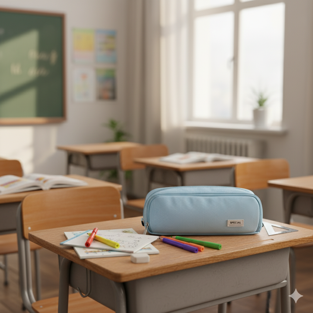 Estuche Escolar de Lona con Forro Interior y 3 Compartimientos, Gran Capacidad 23.5 cm, Organizador de Lápices y Material Escolar – Disponible en Rosa, Azul y Negro