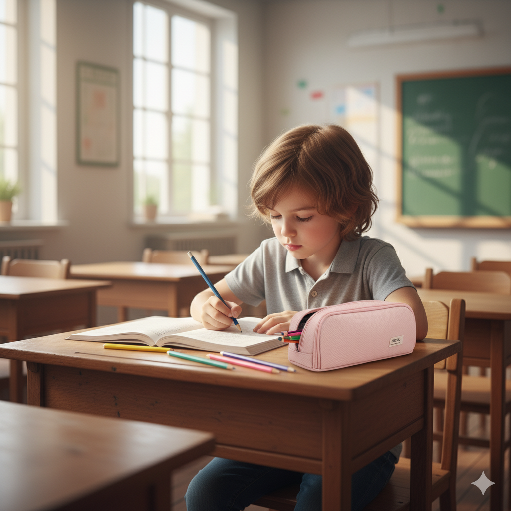 Estuche Escolar de Lona con Forro Interior y 3 Compartimientos, Gran Capacidad 23.5 cm, Organizador de Lápices y Material Escolar – Disponible en Rosa, Azul y Negro