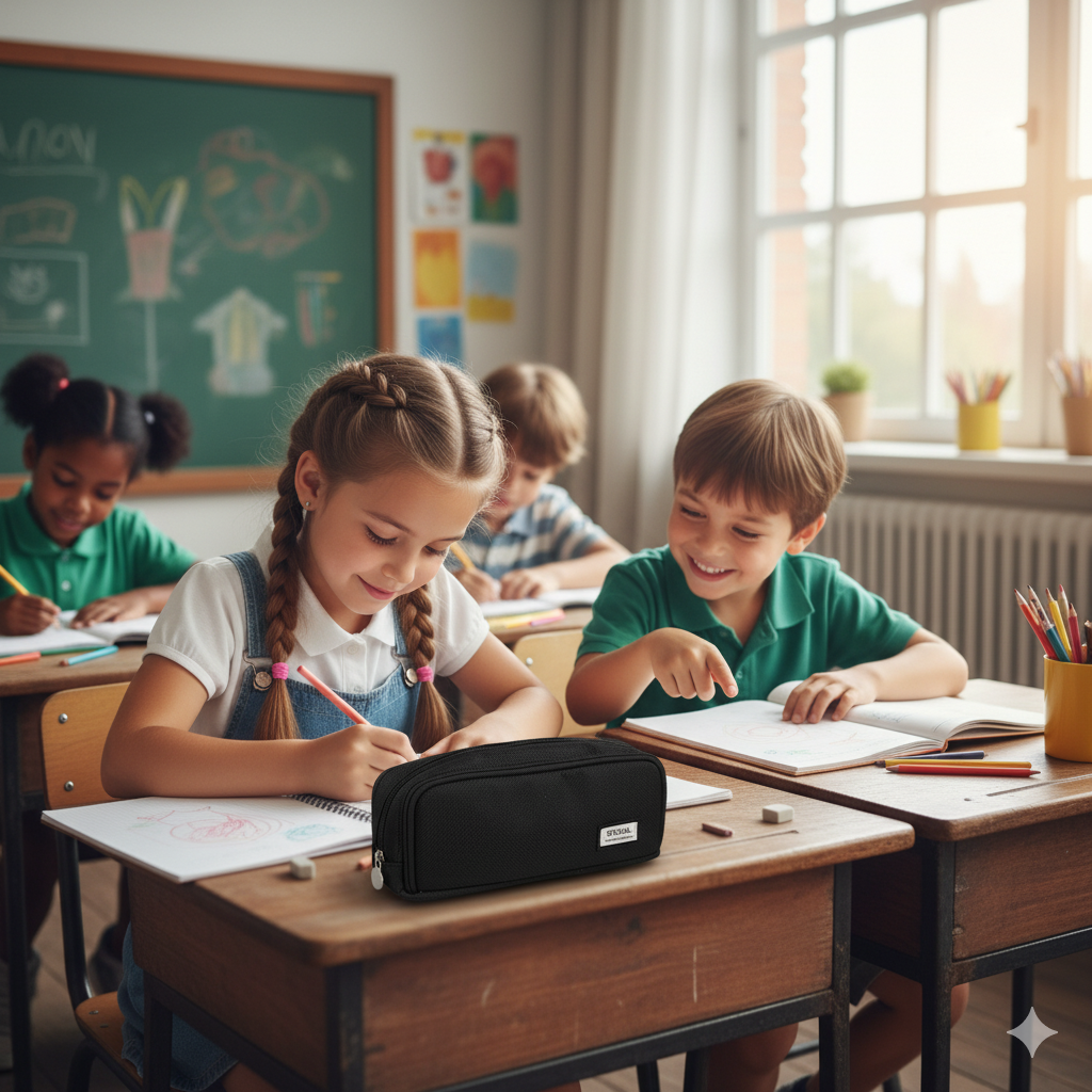 Estuche Escolar de Lona con Forro Interior y 3 Compartimientos, Gran Capacidad 23.5 cm, Organizador de Lápices y Material Escolar – Disponible en Rosa, Azul y Negro