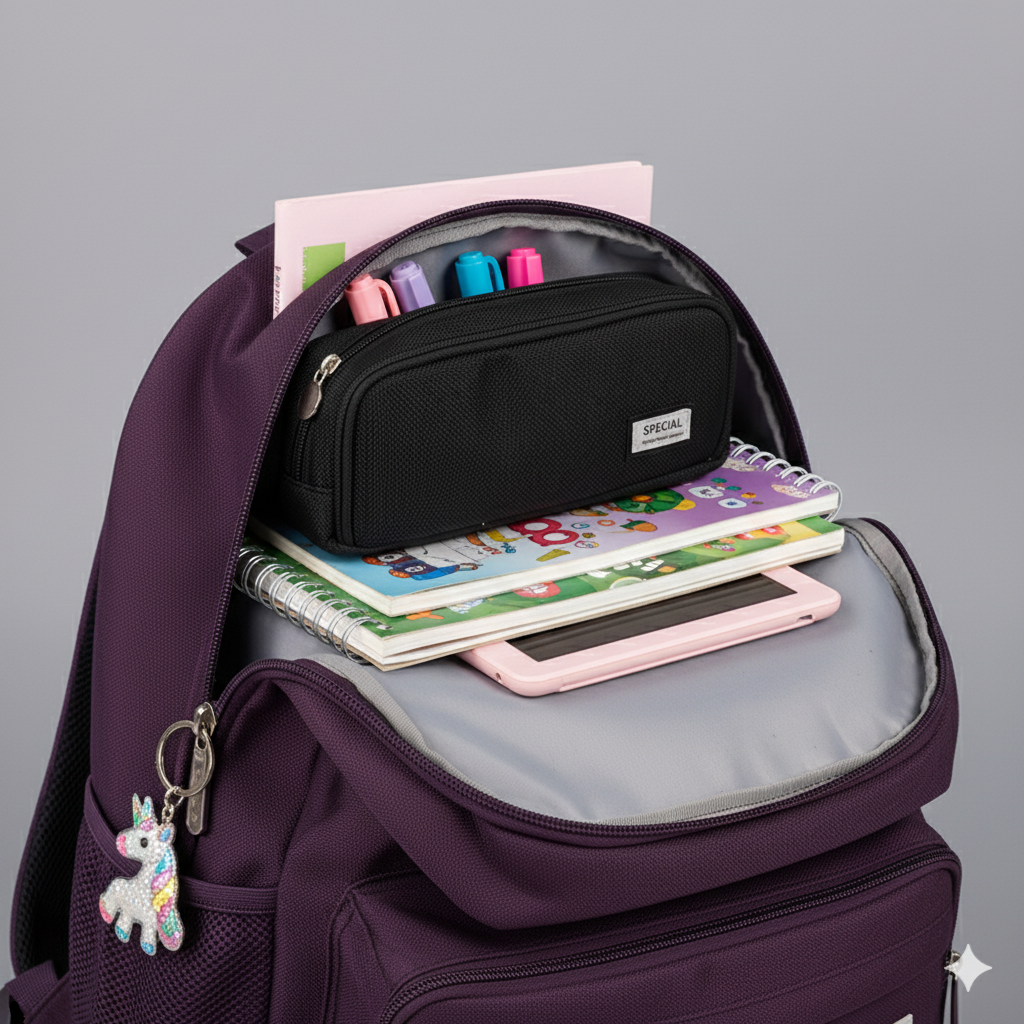 Estuche Escolar de Lona con Forro Interior y 3 Compartimientos, Gran Capacidad 23.5 cm, Organizador de Lápices y Material Escolar – Disponible en Rosa, Azul y Negro