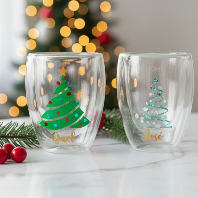 Pack 4 Vasos Doble Cristal 350 ml Personalizados con Nombre – Edición Navidad Limitada
