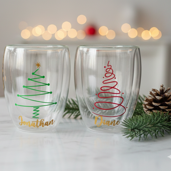 Pack 4 Vasos Doble Cristal 350 ml Personalizados con Nombre – Edición Navidad Limitada