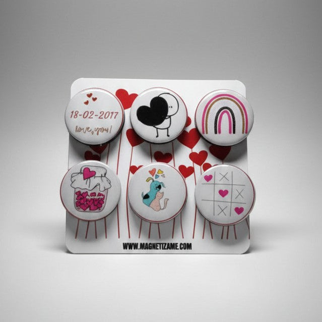 Pack 6 Imanes Burbuja San Valentín – 5 Diseños Especiales + 1 Personalizable con Fecha