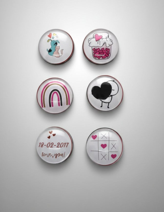 Set 6 Imanes Burbuja San Valentín – 5 Diseños Especiales + 1 Personalizable con Fecha