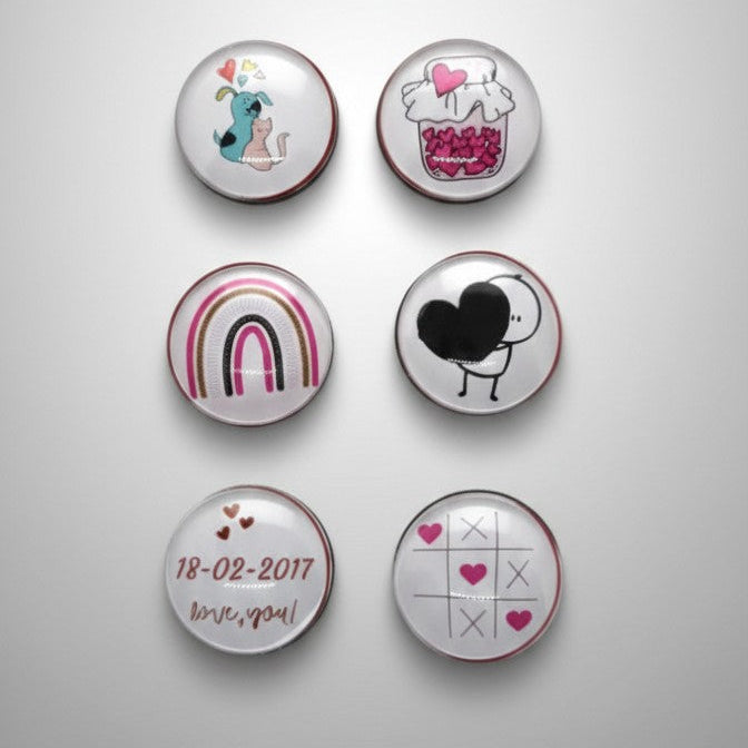 Pack 6 Imanes Burbuja San Valentín – 5 Diseños Especiales + 1 Personalizable con Fecha