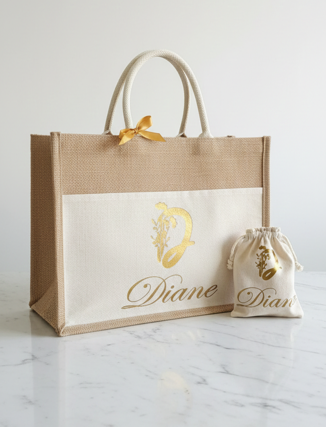 Bolsa de Yute Personalizable con Bolsillo de Algodón 44,5x34 cm | Regalo Día de la Madre y Maestras