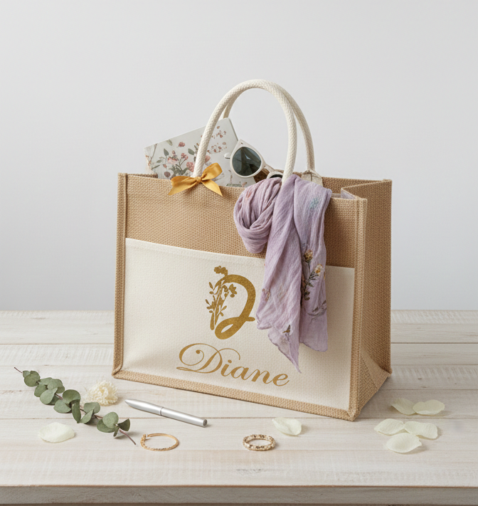 Bolsa de Yute Personalizable con Bolsillo de Algodón 44,5x34 cm | Regalo Día de la Madre y Maestras