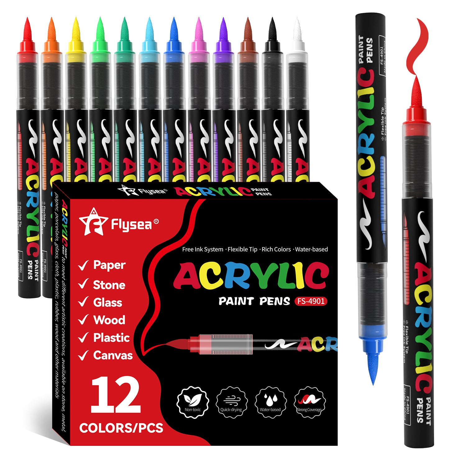 Rotuladores Acrílicos 12 Colores Flysea – Marcadores Punta Fina Flexible – Tinta al Agua para Piedra, Madera, Cristal, Papel, Plástico y Lienzo – Set de Pintura para Manualidades y DIY