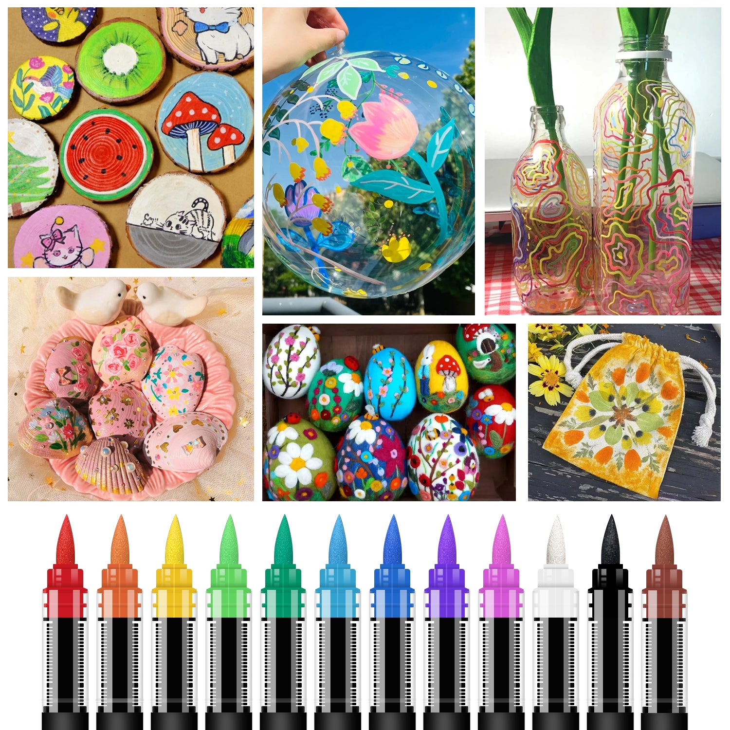 Rotuladores Acrílicos 12 Colores Flysea – Marcadores Punta Fina Flexible – Tinta al Agua para Piedra, Madera, Cristal, Papel, Plástico y Lienzo – Set de Pintura para Manualidades y DIY