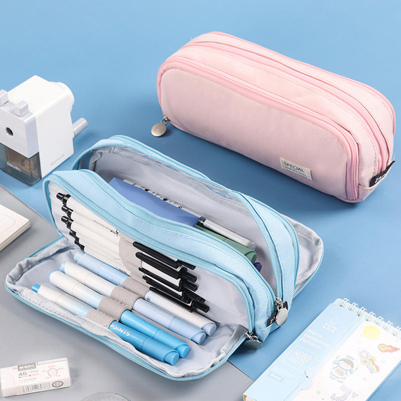 Estuche Escolar de Lona con Forro Interior y 3 Compartimientos, Gran Capacidad 23.5 cm, Organizador de Lápices y Material Escolar – Disponible en Rosa, Azul y Negro