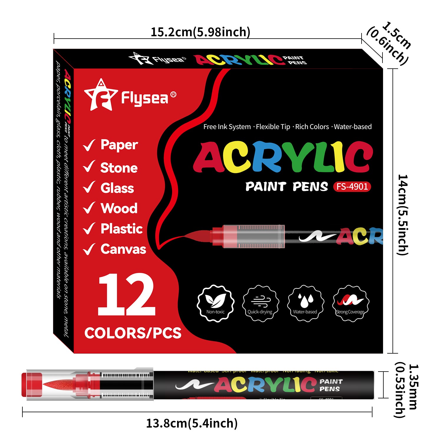 Rotuladores Acrílicos 12 Colores Flysea – Marcadores Punta Fina Flexible – Tinta al Agua para Piedra, Madera, Cristal, Papel, Plástico y Lienzo – Set de Pintura para Manualidades y DIY
