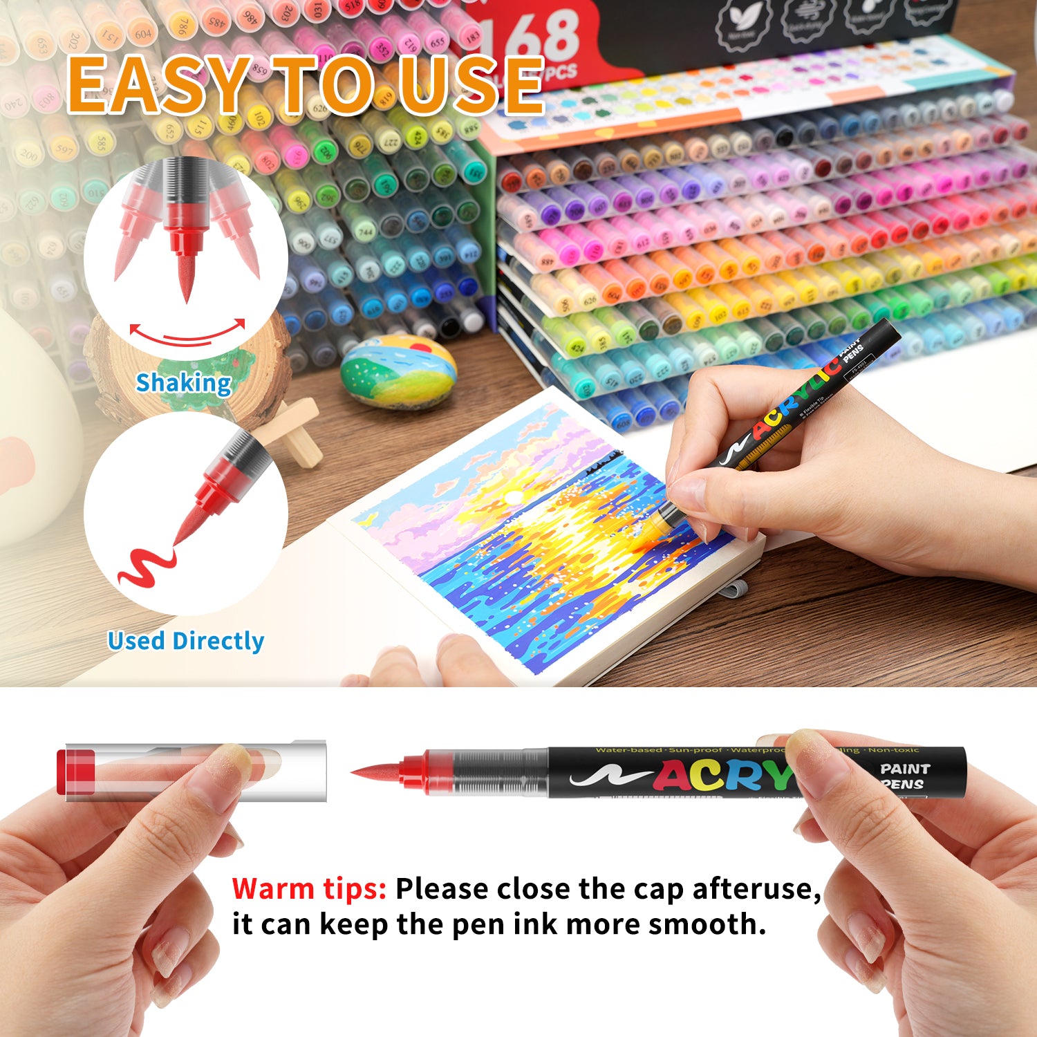 Rotuladores Acrílicos 12 Colores Flysea – Marcadores Punta Fina Flexible – Tinta al Agua para Piedra, Madera, Cristal, Papel, Plástico y Lienzo – Set de Pintura para Manualidades y DIY