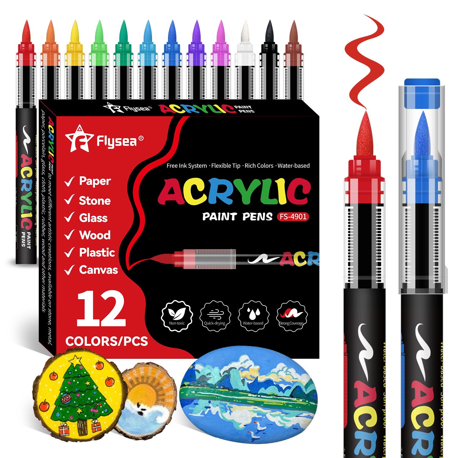 Rotuladores Acrílicos 12 Colores Flysea – Marcadores Punta Fina Flexible – Tinta al Agua para Piedra, Madera, Cristal, Papel, Plástico y Lienzo – Set de Pintura para Manualidades y DIY