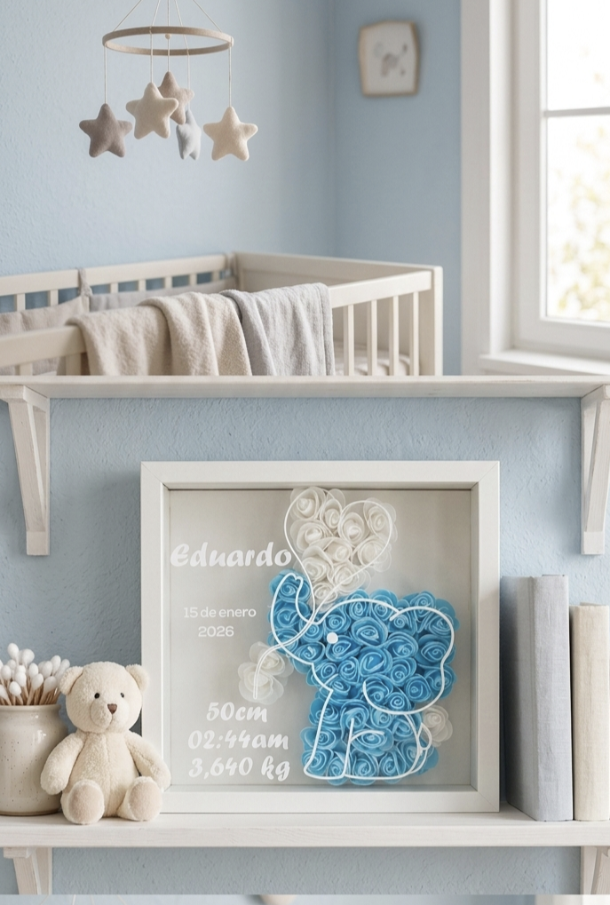Cuadro Personalizado de Nacimiento para Bebé – Caja de Sombras con Nombre y Datos del Recién Nacido