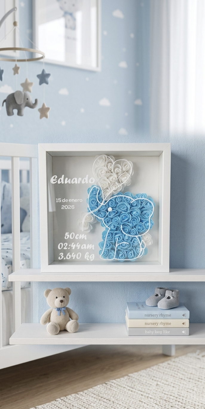 Cuadro Personalizado de Nacimiento para Bebé – Caja de Sombras con Nombre y Datos del Recién Nacido