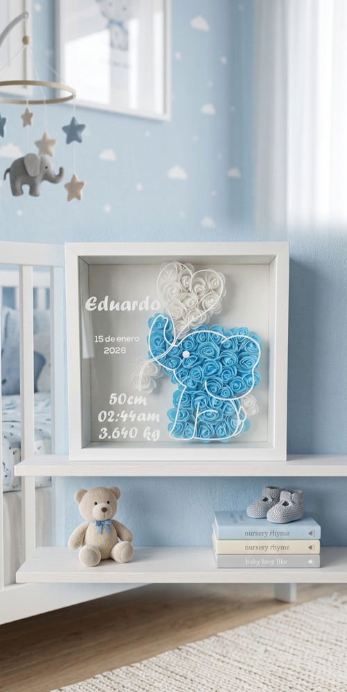 Cuadro Personalizado de Nacimiento para Bebé – Caja de Sombras con Nombre y Datos del Recién Nacido