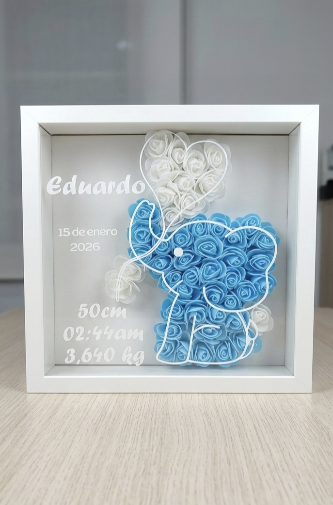 Cuadro Personalizado de Nacimiento para Bebé – Caja de Sombras con Nombre y Datos del Recién Nacido