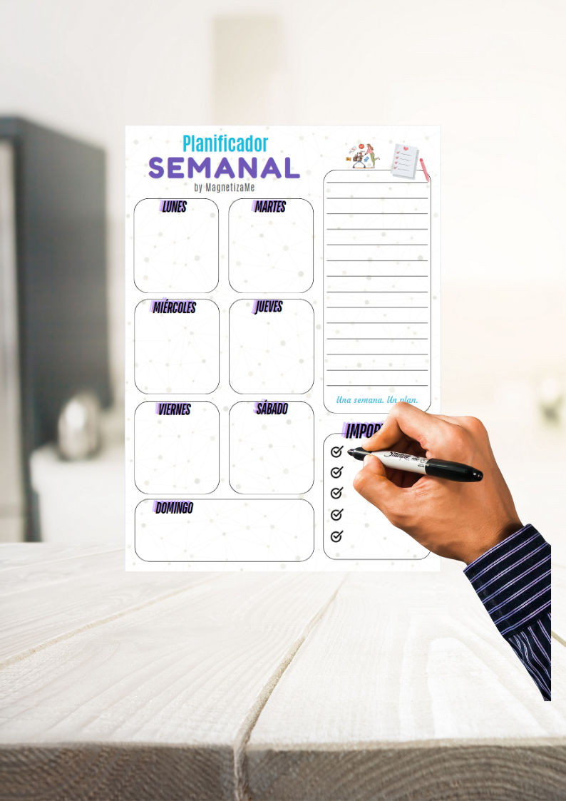 Planificador Semanal Magnético para Nevera – Pizarra Reutilizable A4 con 2 Rotuladores Imantados - Azul