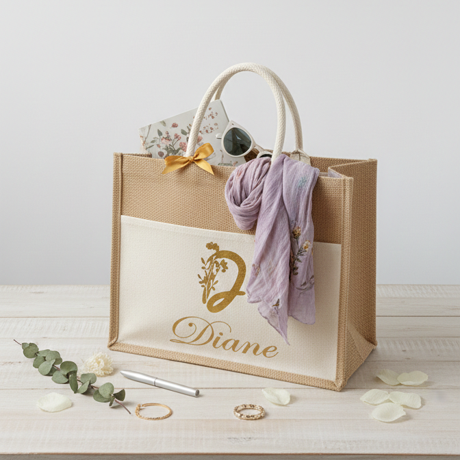 Bolsa de Yute Personalizable con Bolsillo de Algodón 44,5x34 cm | Regalo Día de la Madre y Maestras