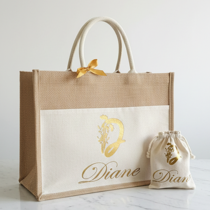 Bolsa de Yute Personalizable con Bolsillo de Algodón 44,5x34 cm | Regalo Día de la Madre y Maestras