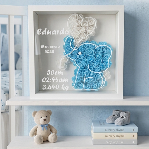 Cuadro Personalizado de Nacimiento para Bebé – Caja de Sombras con Nombre y Datos del Recién Nacido