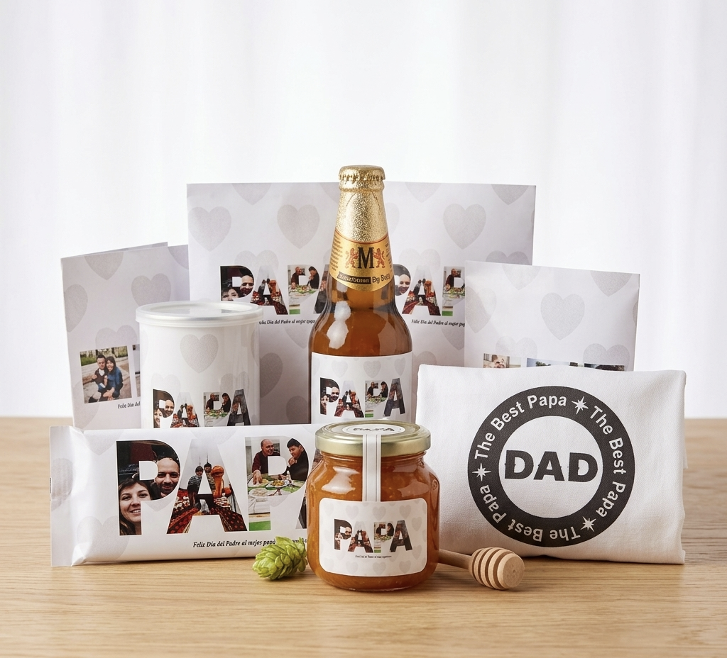 Caja Regalo Personalizada Día del Padre con Fotos – Pack Dulce + Cerveza “Papá”